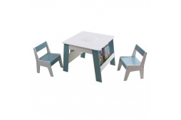 Детска дървена маса с 2 столчета, с контейнер за играчки, конструктори и място за съхранение на книжки - бяло/синьо