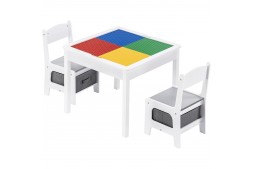 Детска маса с 2 столчета, двустранна, комплект от дърво за учене, рисуване, писане, редене на конструктори тип LEGO - WHITE/GRAY