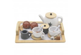 Детски дървен комплект за чай и кафе с аксесоари - бяло/сиво