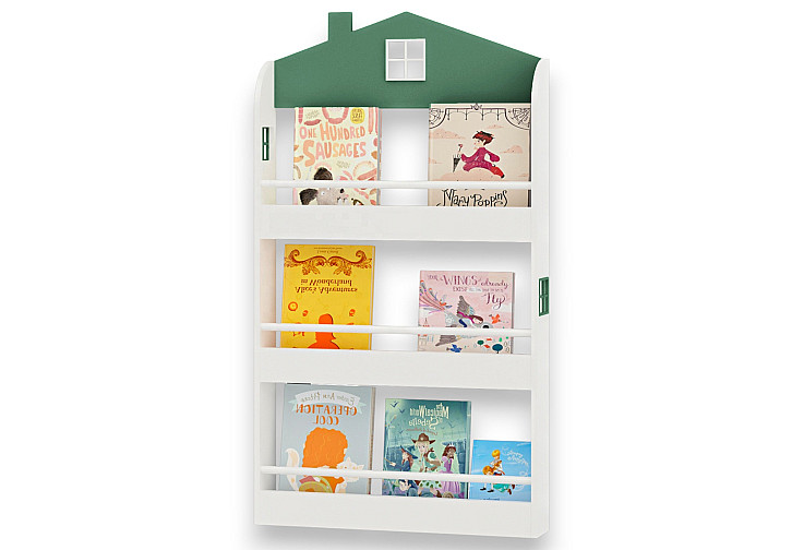 Детска етажерка за книги и играчки Къщичка, 3 рафта, дърво, 60x12x106 см