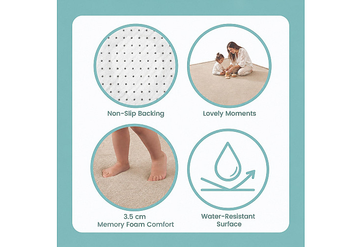 Детски мемори килим LOLLA, 150x200 см, 3,5 см дебелина, кадифено мек водоустойчив горен слой, мемори пяна, противохлъзгаща основа, бежов