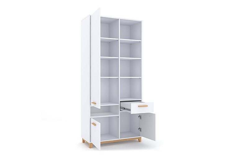Висок шкаф с три вратички и чекмедже Steka 3D1S бял / каменен дъб