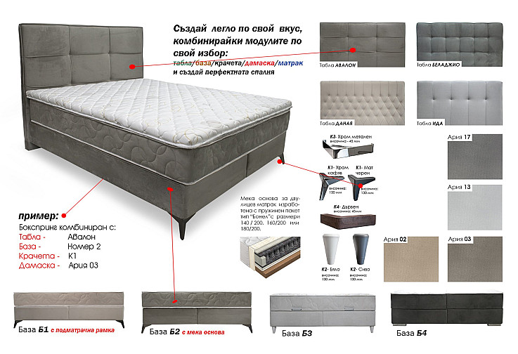 Тапицирано легло Boxspring сиво Avalon B2 Aria 17 K1 Black