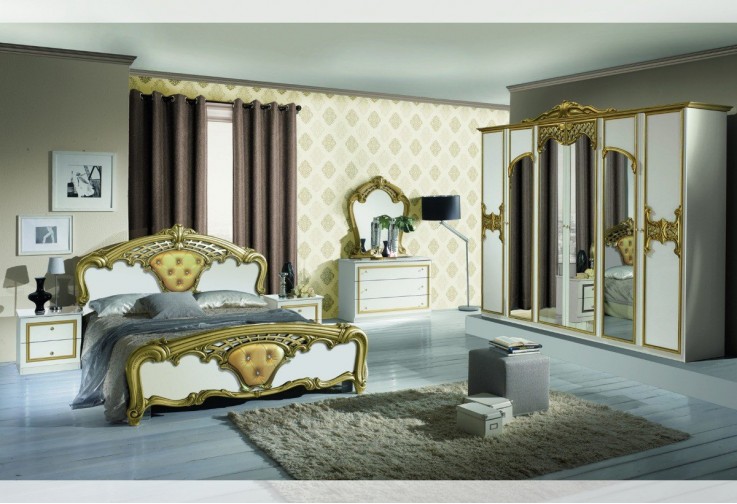 Спален комплект EVA бяло / златно с шесткрилен гардероб