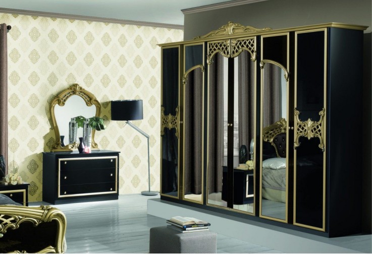 Спален комплект EVA черно / златно с шесткрилен гардероб